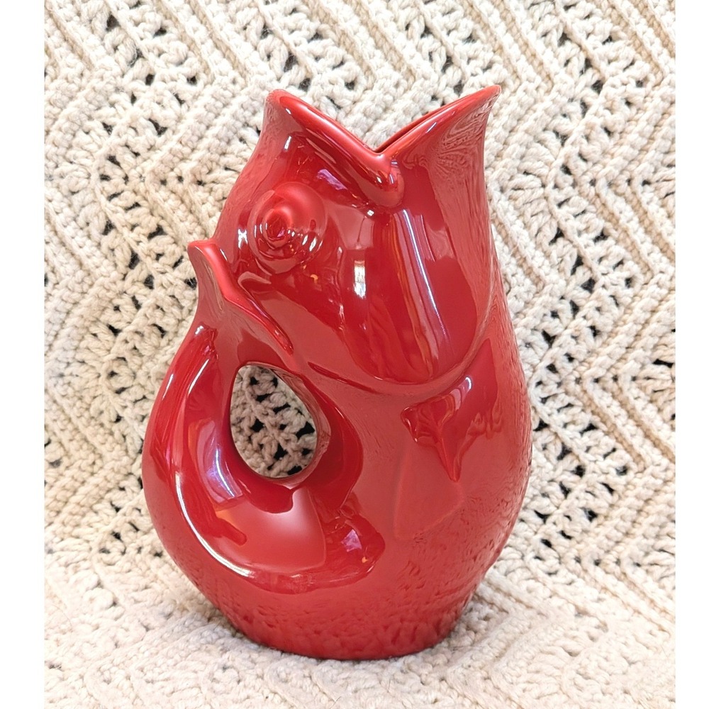 GurglePot Red Ceramic Fish Beverage Pitcher Vase 9.5 Inch Whimsical Water Carafe